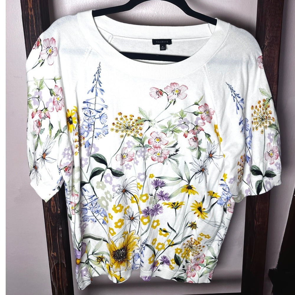 Talbots Womens XL Floral Garden Print Short Sleeve Sweater White Cotton Blend